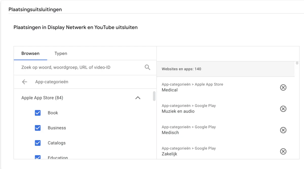 Step 3 - Excluding all 140 app categories in Google Ads
