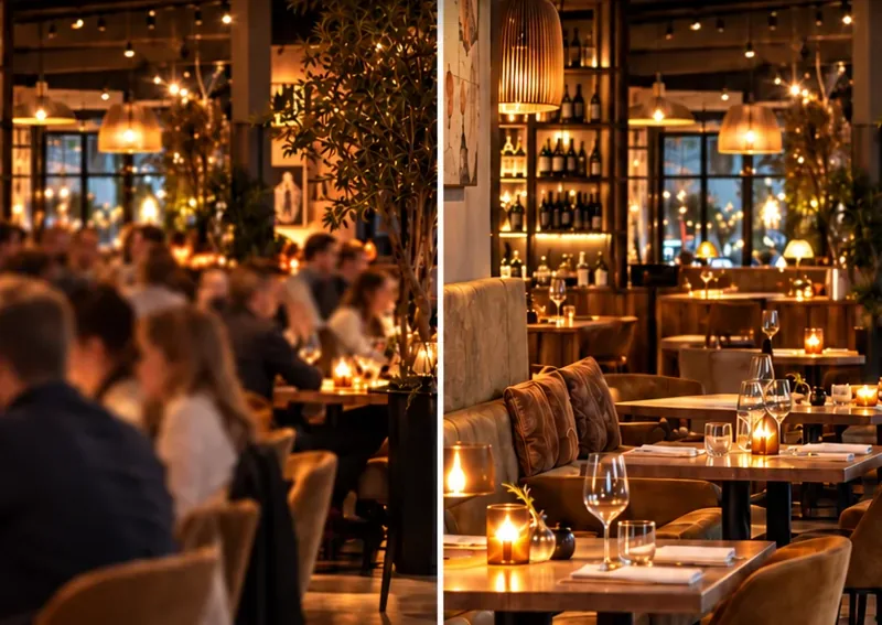 Links een vol restaurant, rechts lege tafels: vrijdag vol, dinsdag nog plek